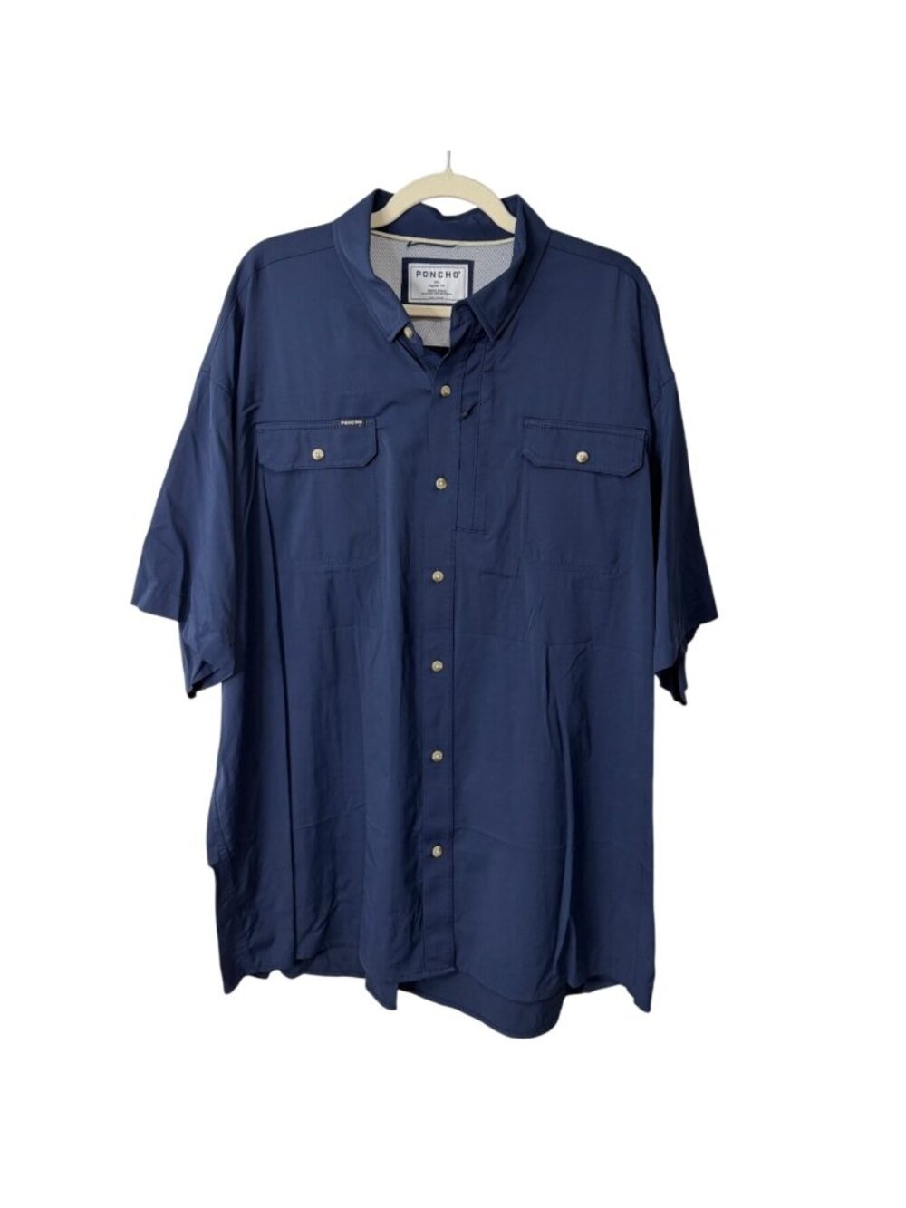 Poncho Mens Size 3XL Fishing Shirt Short Sleeve Navy Button-Up Regular Fit